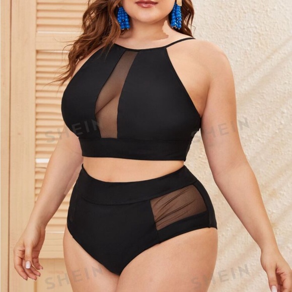 NWT 👙 SHEIN Swim BAE Plus Contrast Mesh High Waisted Bikini Swimsuit - Picture 3 of 6